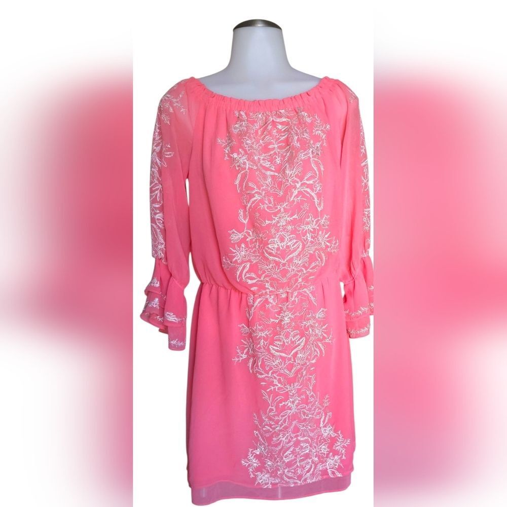 Chic Coral Floral Dress with White Embroidery